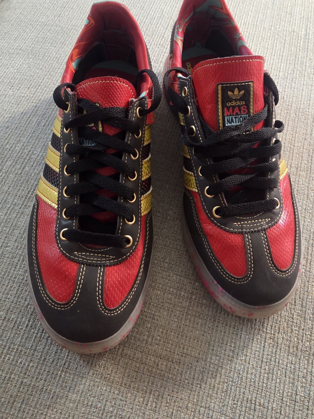 adidas Red Sneaker with Black, Gold and Light Blue Accents